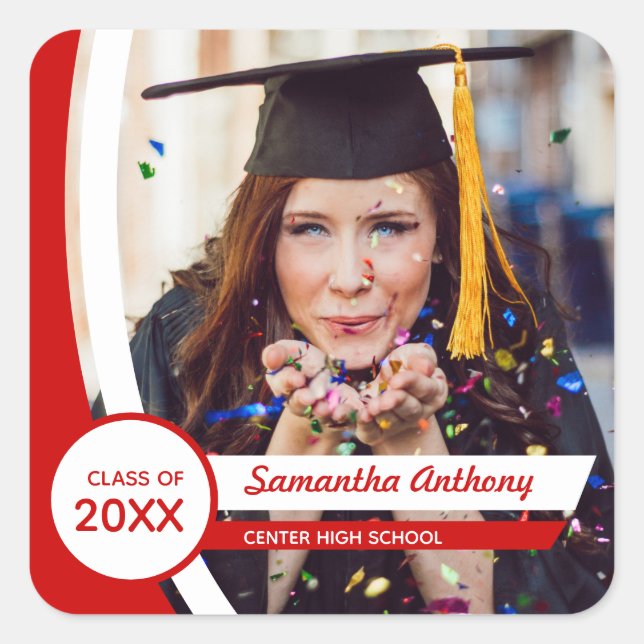 Red Curved Frame Photo Graduation Square Sticker (Front)