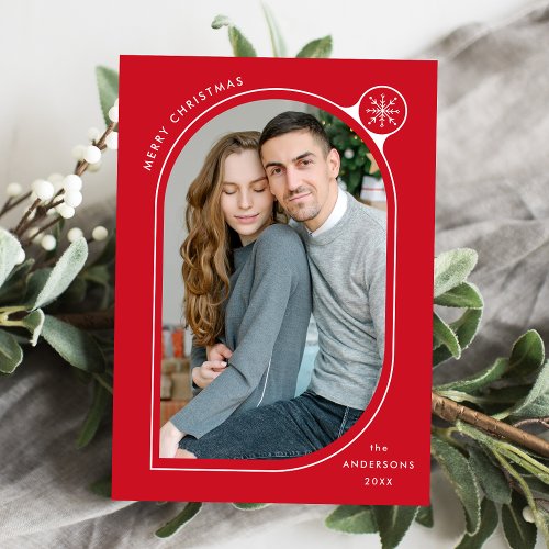 Red Curved Frame Snowflake Photo Holiday Card