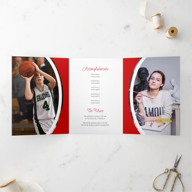 Red Curved Frame Three Photo Graduation Tri-Fold Invitation (Inside)