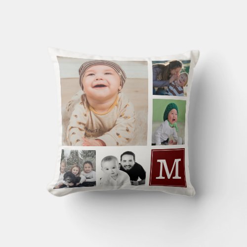 Red Custom 10 Photo Collage Gallery Monogram Throw Pillow