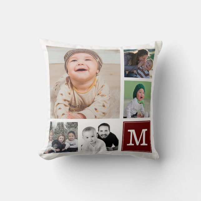 Red Custom 10 Photo Collage Gallery Monogram Throw Pillow (Front)