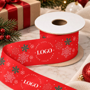 Red Custom Business Logo & Snowflake Christmas  Satin Ribbon
