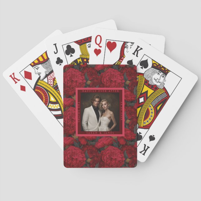 Red Custom Carnation Inspired Spring Wedding Poker Cards (Back)