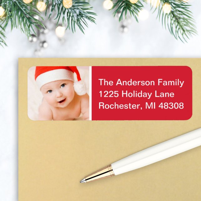 Red Custom Christmas Photo Return Address Label (Creator Uploaded)