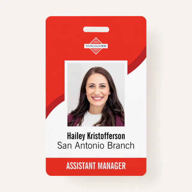 Red Custom Employee Logo Photo ID Name Badge | Zazzle
