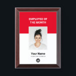 Red Custom Employee of the Month Logo and Photo Award Plaque<br><div class="desc">Custom eyecatching Red Employee of the month Appreciation award plaque featuring Photo,  business company Logo,  employee Name and title. Any color,  any font,  no minimum.

employee of the month template,  custom employee of the month plaque</div>