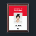 Red Custom Employee of the Month Logo and Photo Award Plaque<br><div class="desc">Custom eyecatching Red Employee of the month Appreciation award plaque featuring Photo,  business company Logo,  employee Name and title. Any color,  any font,  no minimum.

employee of the month template,  custom employee of the month plaque</div>