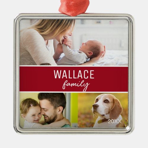 Red Custom Family photo collage Christmas Metal Ornament