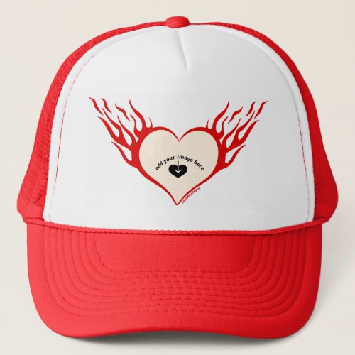 Red Custom flaming heart  Trucker Hat - red y2k flaming heart with customizing inside the heart with any picture like a girlfriend, pet, boyfriend or special someone or even yourself! Expressing self love. 