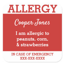 Red Custom Food Allergy Kids Contact Info Square Sticker