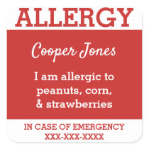 Red Custom Food Allergy Kids Contact Info Square Sticker