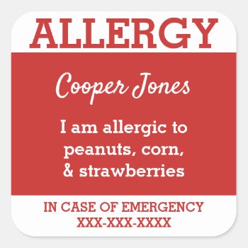 Red Custom Food Allergy Kids Contact Info Square Sticker by LilAllergyAdvocates at Zazzle