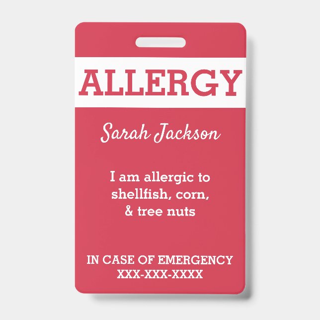Red Custom Kids Food Allergy Alert Personalized Badge (Front)