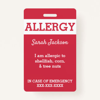 Red Custom Kids Food Allergy Alert Personalized Badge