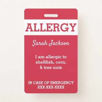 Red Custom Kids Food Allergy Alert Personalized Badge by LilAllergyAdvocates at Zazzle