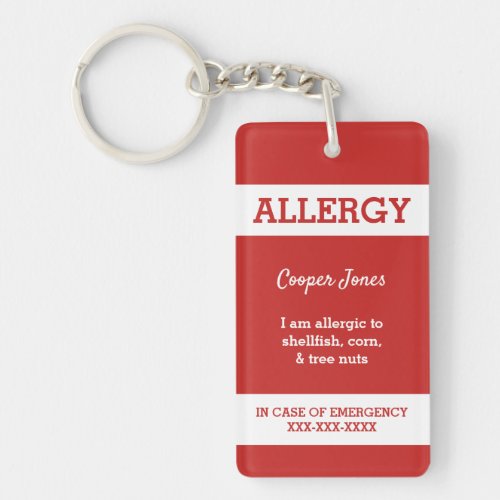 Red Custom Kids Food Allergy Alert Red Warning Keychain