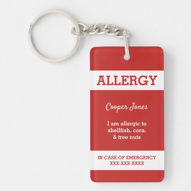Red Custom Kids Food Allergy Alert Red Warning Keychain (Front)