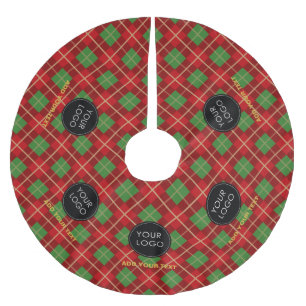 Red Custom Logo Company Business Plaid Tartan Brushed Polyester Tree Skirt