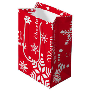 Red Custom Name Christmas Holiday Snow Medium Gift Bag