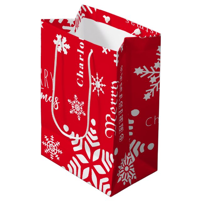 Red Custom Name Christmas Holiday Snow Medium Gift Bag (Front Angled)