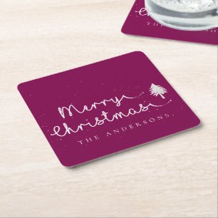 Red Custom Name Minimalist Merry Christmas Party Square Paper Coaster