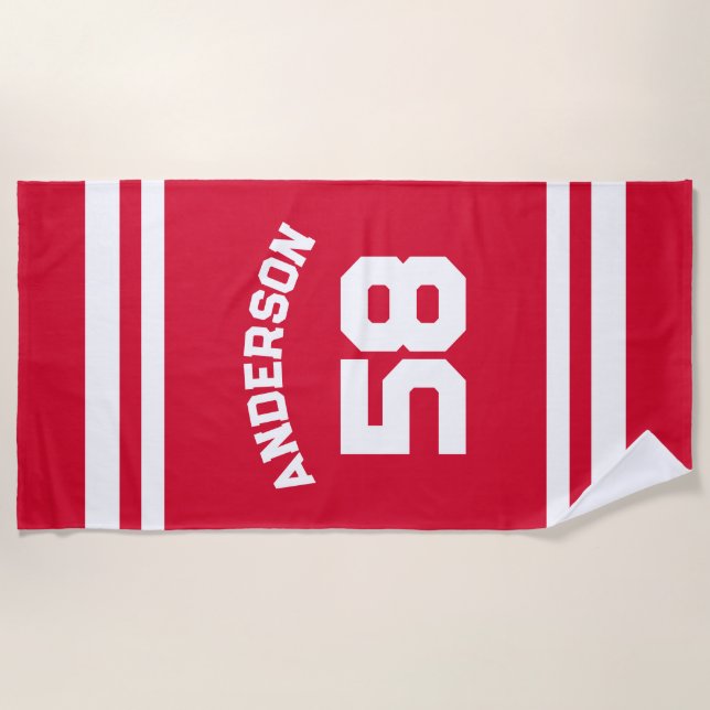 Red Custom Name & Number Sports Fan  Beach Towel (Front)