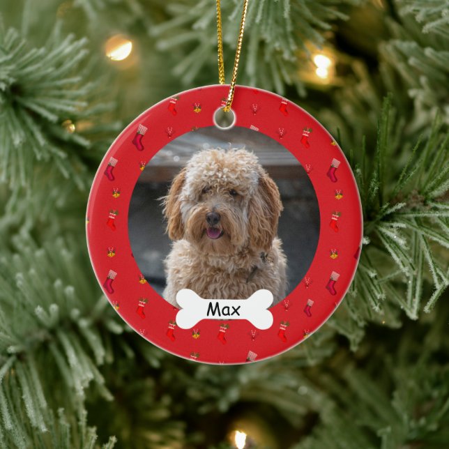 Red Custom Pet Puppy Dog Photo Ceramic Ornament (Tree)