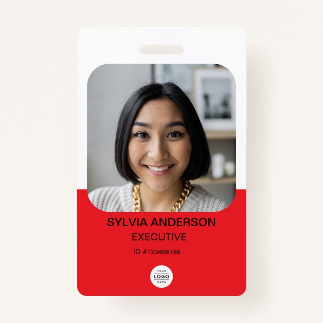 Red Custom Photo Employee ID Logo QR Code Badge (Front)
