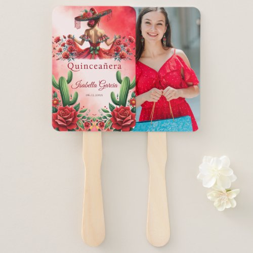 Red Custom Photo Mexican Style Quinceaera Hand Fan