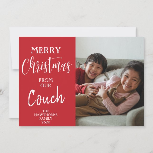Red Custom Photo Quote: "Christmas from our Couch" Holiday Card (Front)