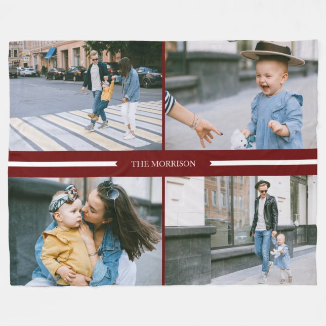 Red Custom Photos Collage Family Name Personalized Fleece Blanket (Front (Horizontal))