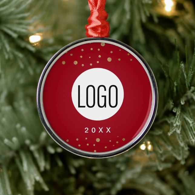 Red Custom Year Your Logo Here Gold Confetti Metal Ornament (Tree)