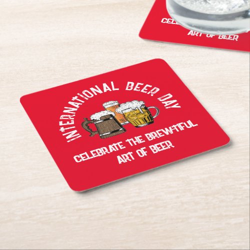 Red Customizable International Beer Day Square Paper Coaster