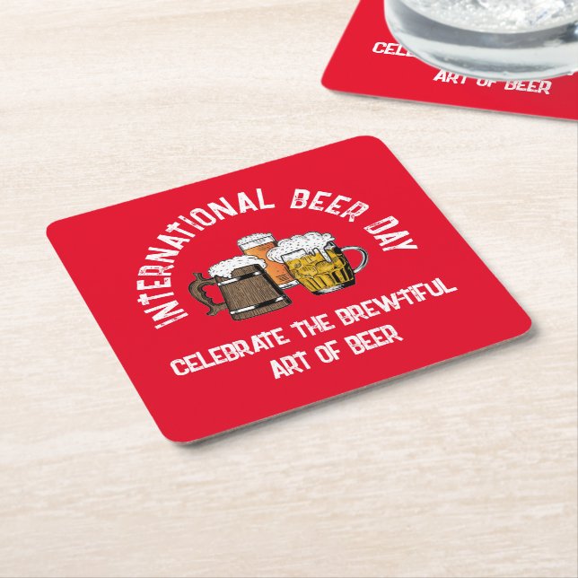Red Customizable International Beer Day Square Paper Coaster (Angled)