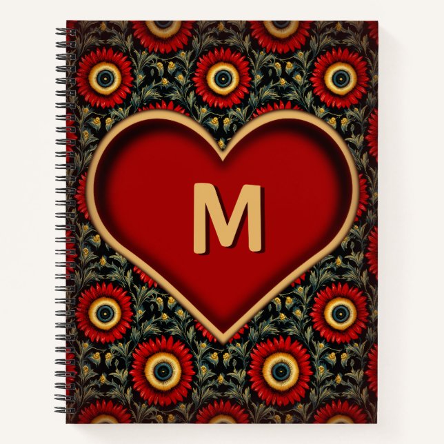 Red Customizable Vintage Monogram Heart Notebook (Front)