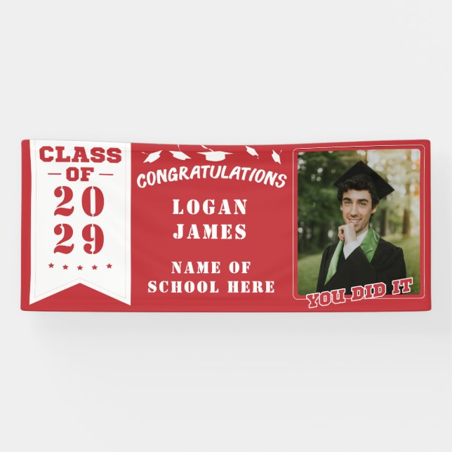 red customized graduation 2025 with name & Photo Banner (Horizontal)