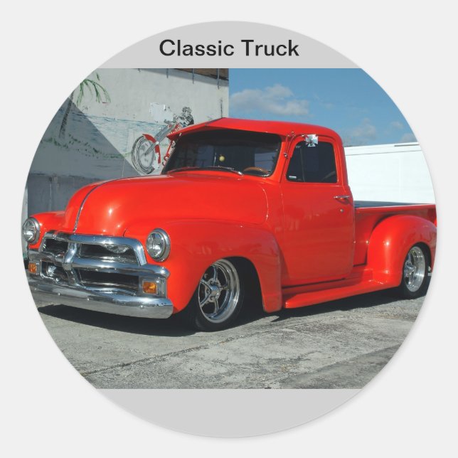 Red Customized Pickup Truck Classic Round Sticker (Front)