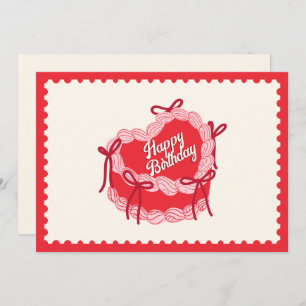 Red cute birthday cake heart bow holiday card