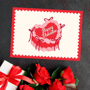 Red cute cake heart bow happy valentines holiday card
