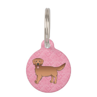 Red Cute Cartoon Golden Retriever On Pink Hearts Pet ID Tag