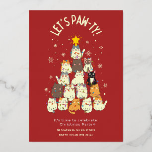 Red Cute Cat Christmas  Foil Invitation