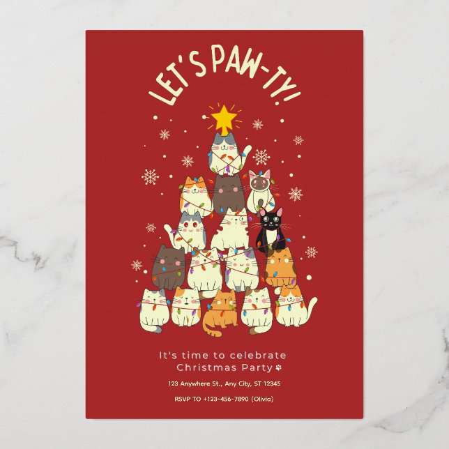 Red Cute Cat Christmas  Foil Invitation (Front)