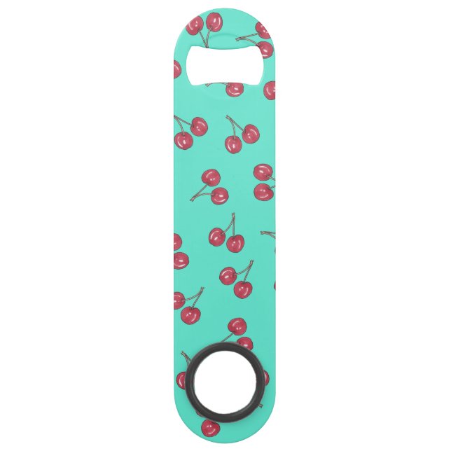 Red Cute Cherry Illustration Pattern Bright Teal Bar Key (Front)
