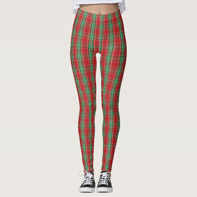 Red Cute Farmhouse Rustic Holiday Plaid Simple Leggings (Front)