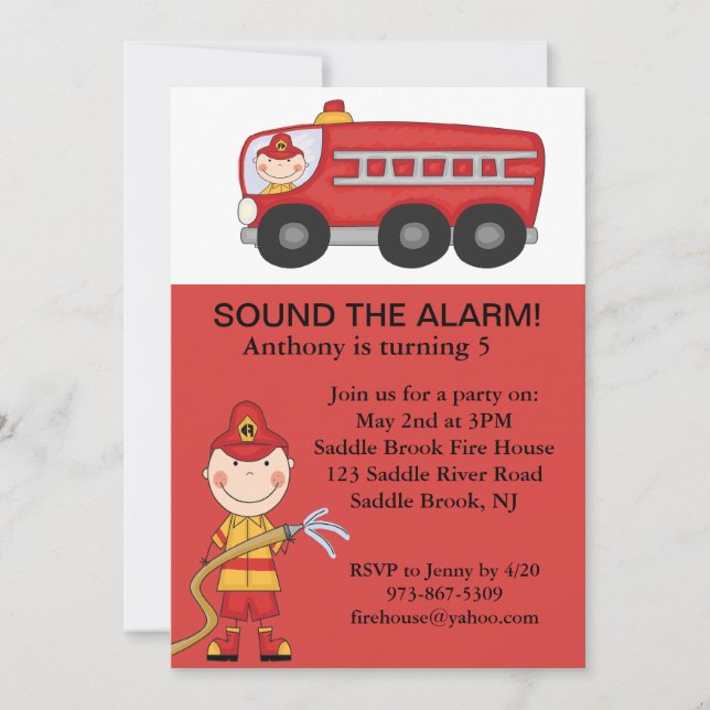 Red, Cute Fireman Boys Birthday Invitation (Front)