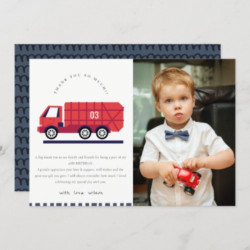 Red Cute Garbage Truck Kids Photo Any Age Birthday Thank You Card
