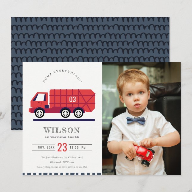 Red Cute Garbage Truck Kids Photo Birthday Invite (Front/Back)
