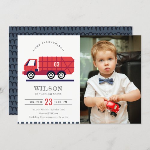 Red Cute Garbage Truck Kids Photo Birthday Invite