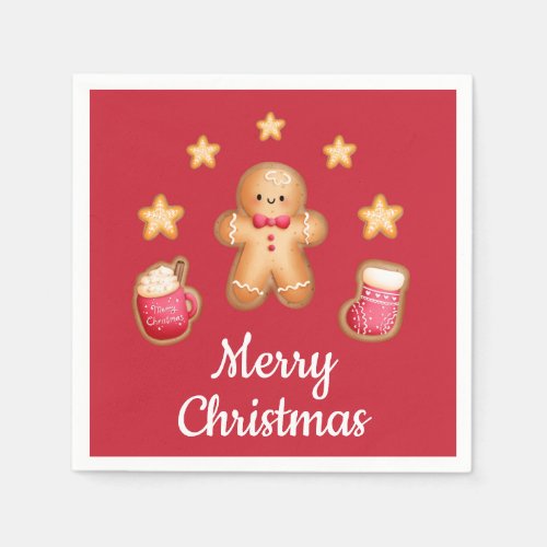 Red Cute Gingerbread Man Merry Christmas Napkins