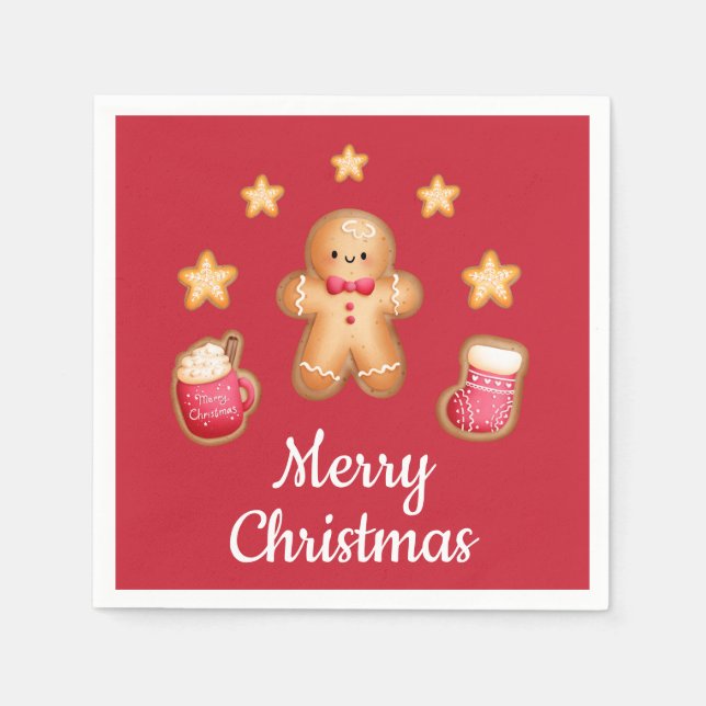 Red Cute Gingerbread Man Merry Christmas Napkins (Front)